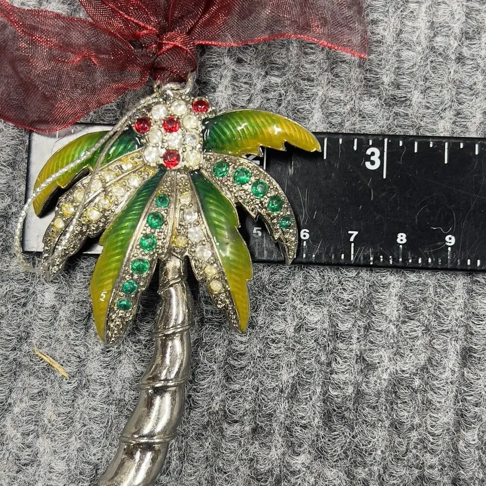 VTG Christmas Tree Ornament Cloisonne Silver Palm Tree Coconut Accents 4